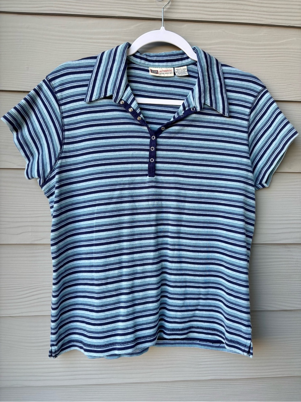 Faded Glory Womens Large Blue Striped Snap Front Polo Shirt Y2K Preppy